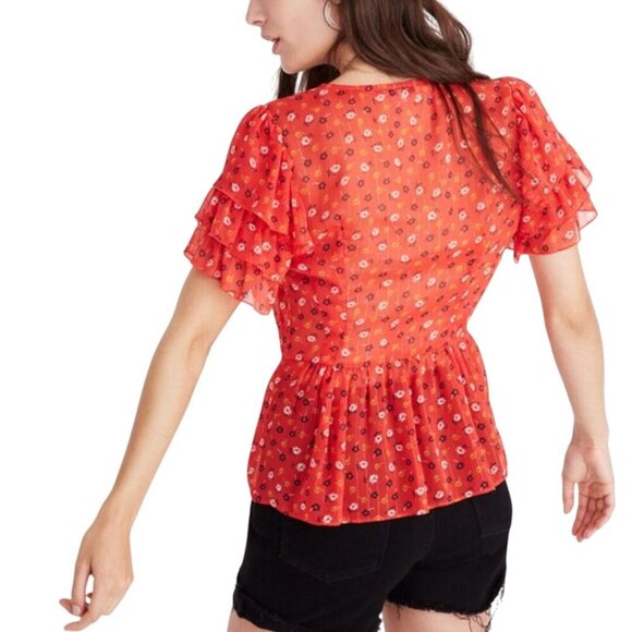 Madewell Tiered Sleeve Peplum Top Metallic Prairie Posies Size 2 - Picture 4 of 11